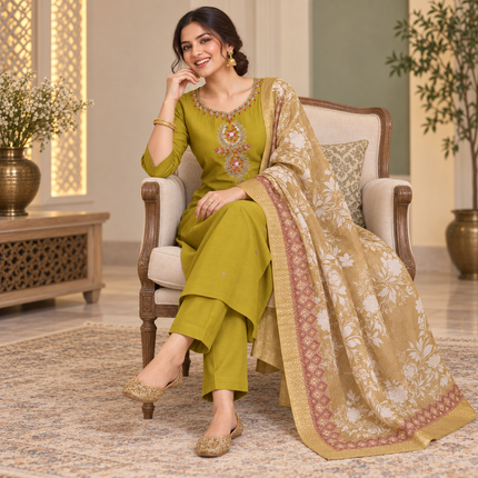 Mustard Olive Embroidered With Floral Dupatta Suit