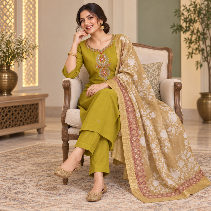Mustard Olive Embroidered With Floral Dupatta Suit