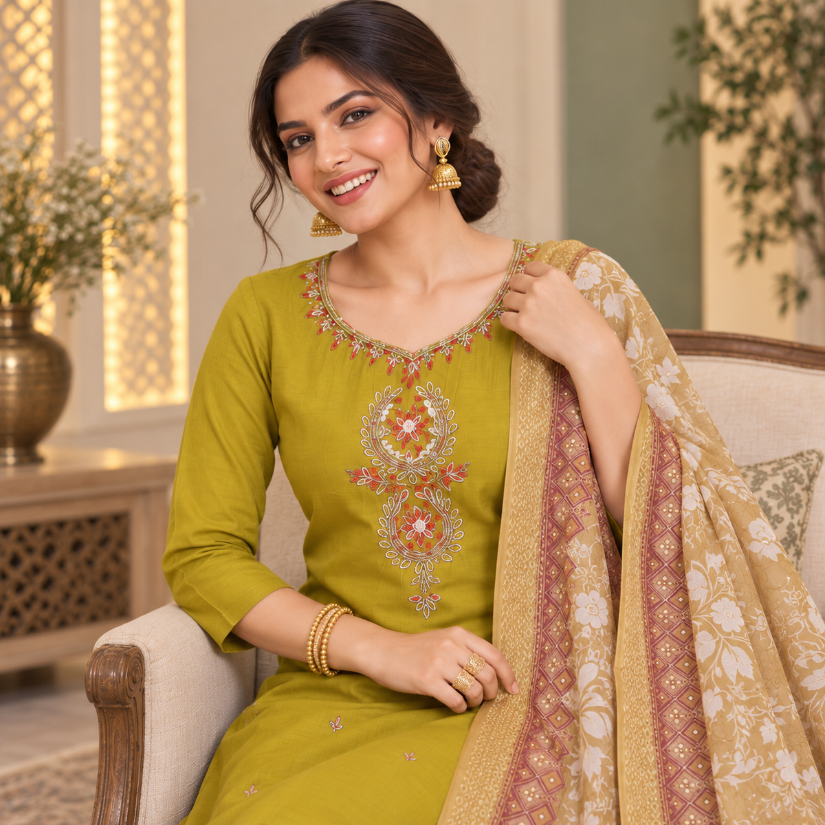 Mustard Olive Embroidered With Floral Dupatta Suit