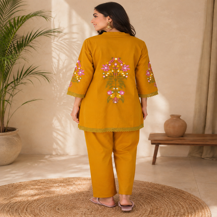 Mustard Embroidered Pure Cotton Co-Ord Set for Women with Straight Pants