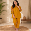 Mustard Embroidered Pure Cotton Co-Ord Set for Women with Straight Pants