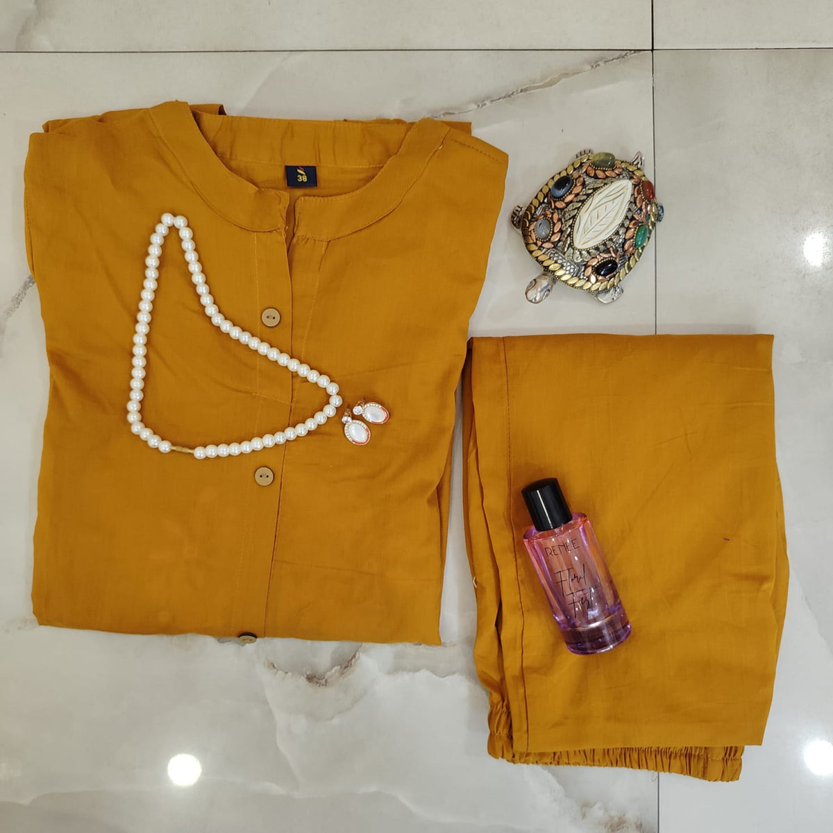 Mustard Embroidered Pure Cotton Co-Ord Set for Women with Straight Pants