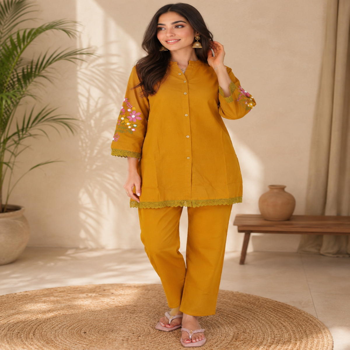 Mustard Embroidered Pure Cotton Co-Ord Set for Women with Straight Pants