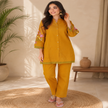 Mustard Embroidered Pure Cotton Co-Ord Set for Women with Straight Pants
