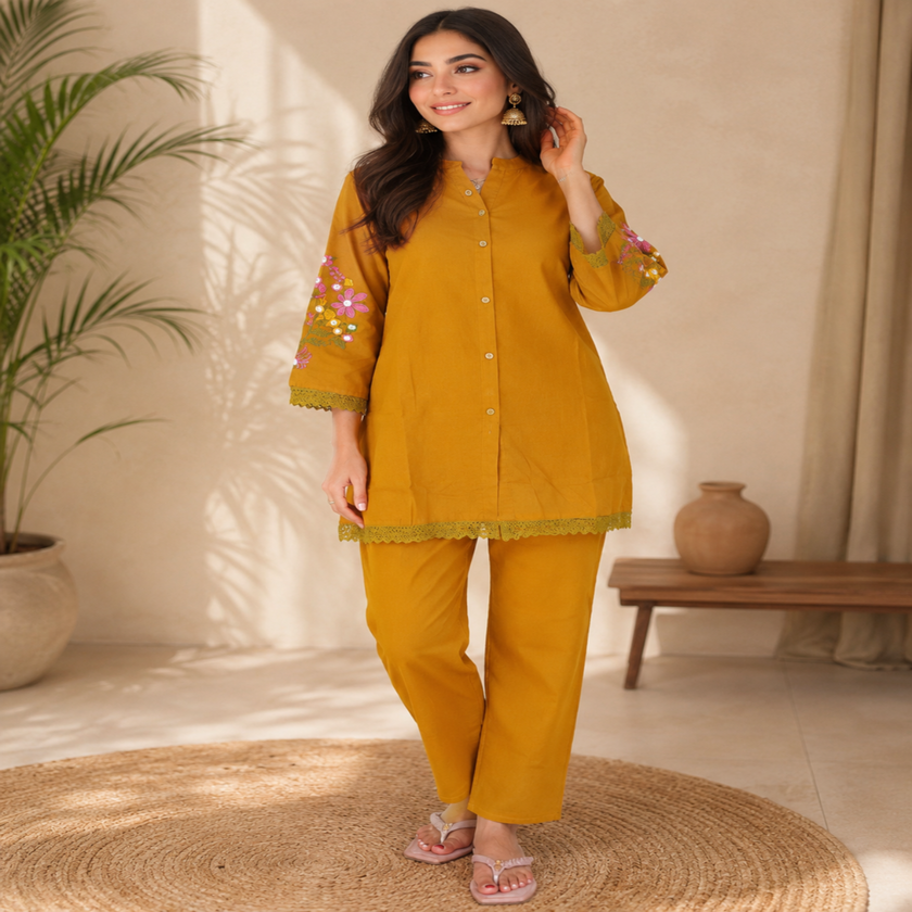 Mustard Embroidered Pure Cotton Co-Ord Set for Women with Straight Pants