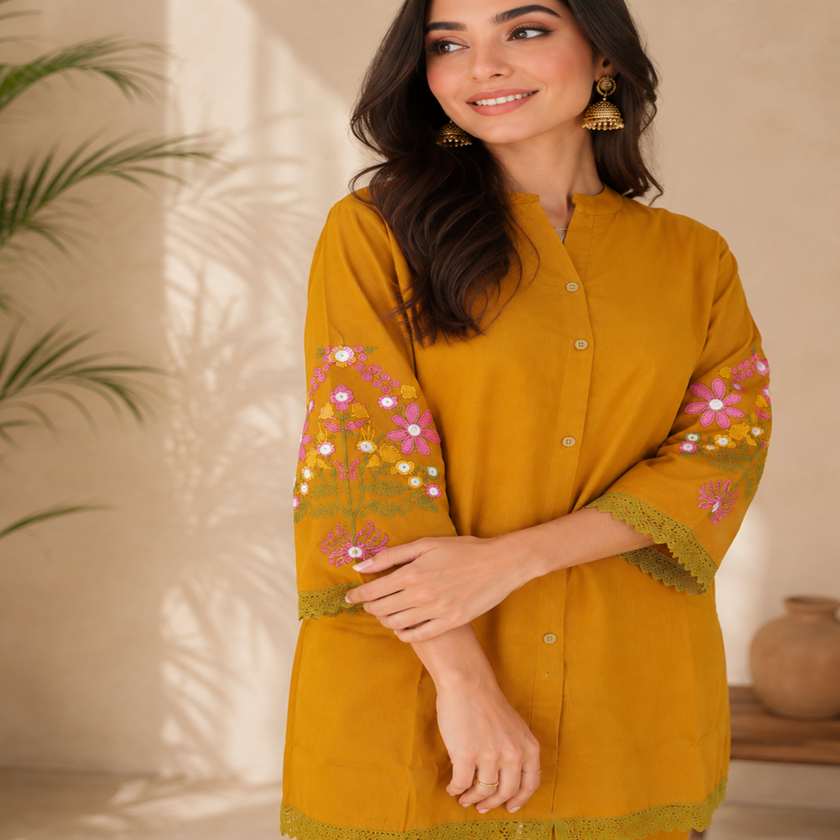 Mustard Embroidered Pure Cotton Co-Ord Set for Women with Straight Pants