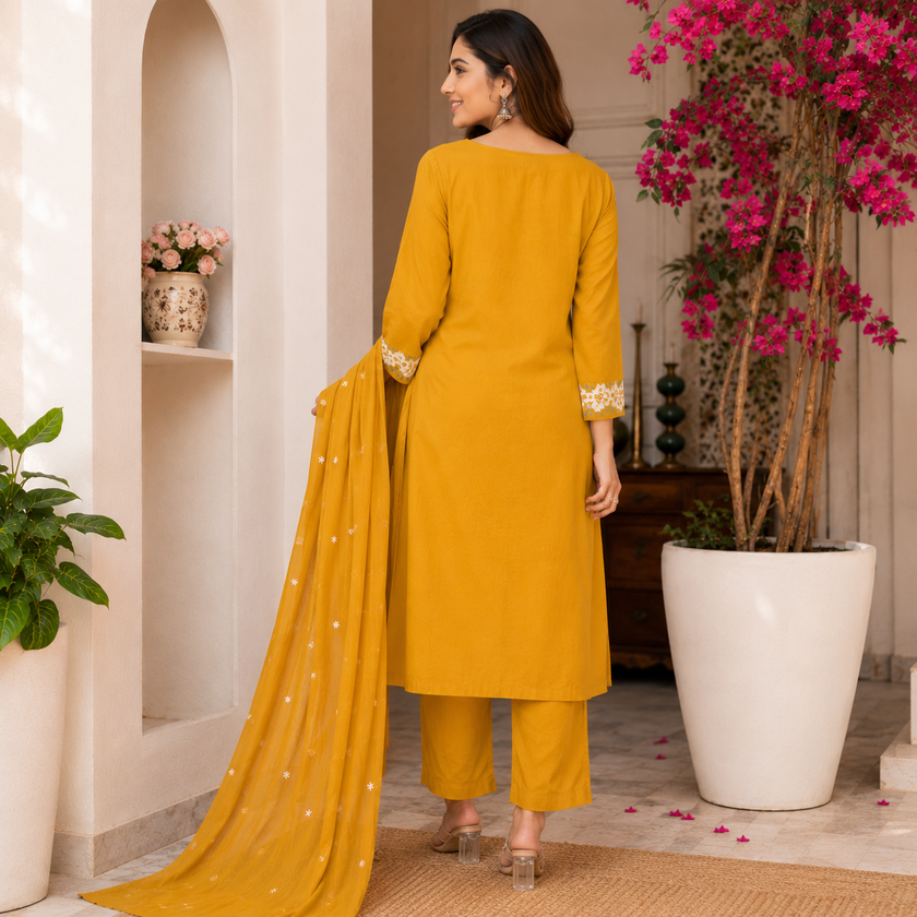Mustard Embroidered Cotton Dupatta Suit for Women with Floral Kurta
