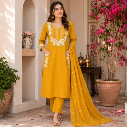 Mustard Embroidered Cotton Dupatta Suit for Women with Floral Kurta
