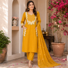 Mustard Embroidered Cotton Dupatta Suit for Women with Floral Kurta
