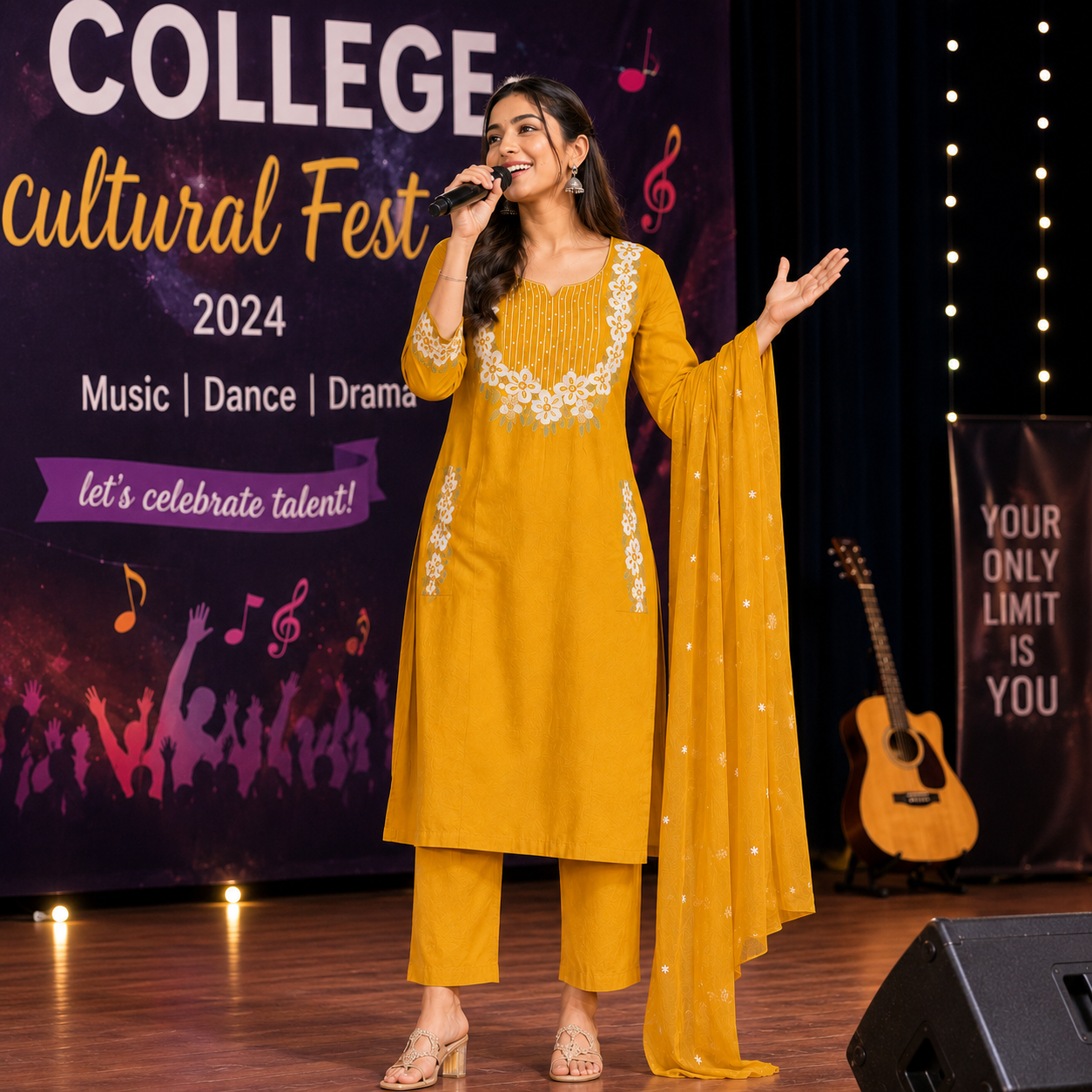 Mustard Embroidered Cotton Dupatta Suit for Women with Floral Kurta
