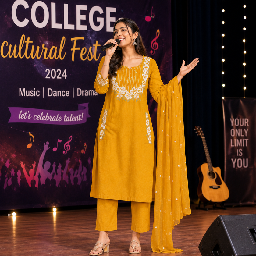 Mustard Embroidered Cotton Dupatta Suit for Women with Floral Kurta
