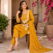 Mustard Embroidered Cotton Dupatta Suit for Women with Floral Kurta
