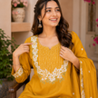 Mustard Embroidered Cotton Dupatta Suit for Women with Floral Kurta
