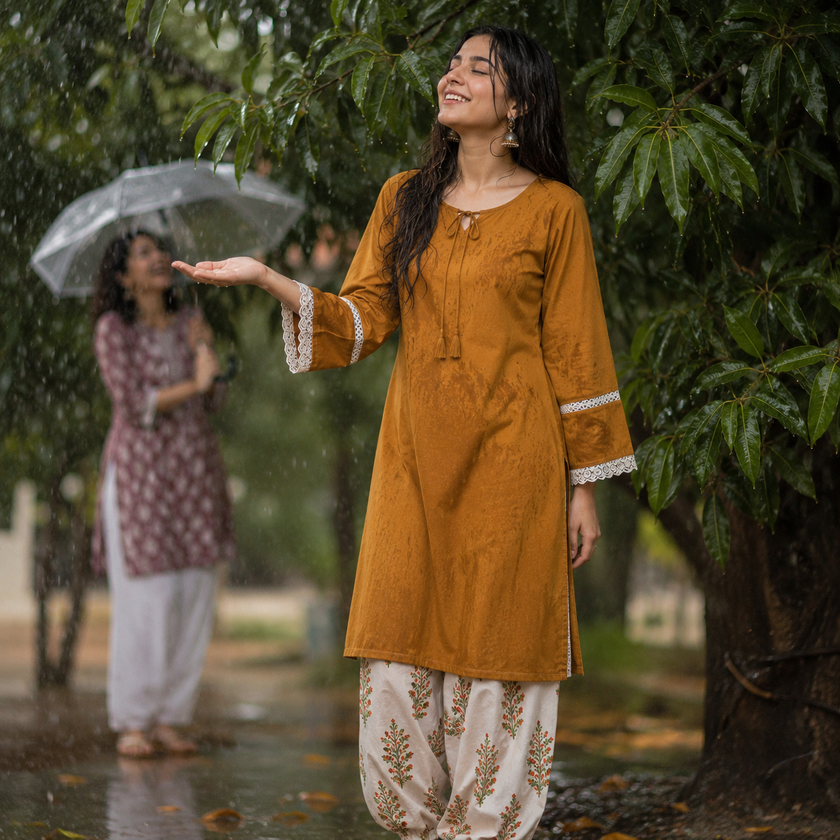 Mustard Farshi Salwar Set for Women with White Floral Farsi Salwar