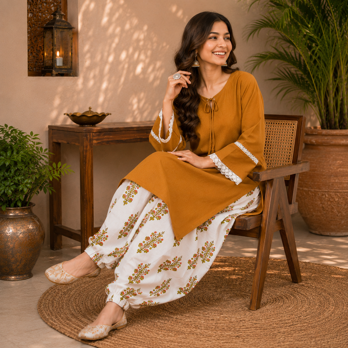 Mustard Farshi Salwar Set for Women with White Floral Farsi Salwar