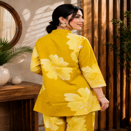 Mustard floral cotton co-ord set for women with button-down shirt and straight pants