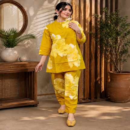 Mustard floral cotton co-ord set for women with button-down shirt and straight pants