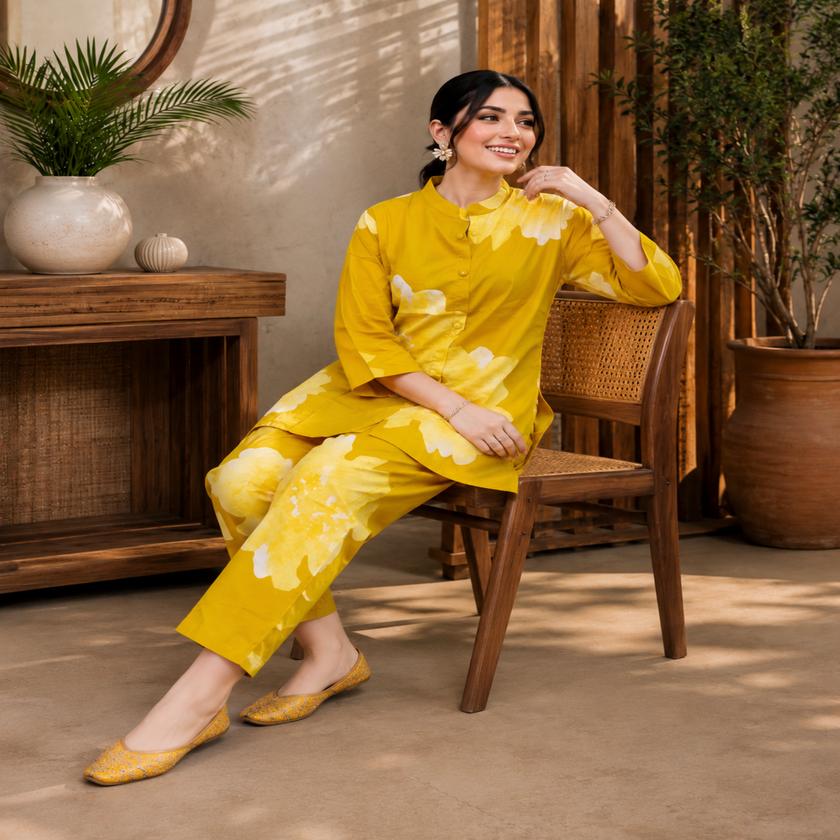 Mustard floral cotton co-ord set for women with button-down shirt and straight pants