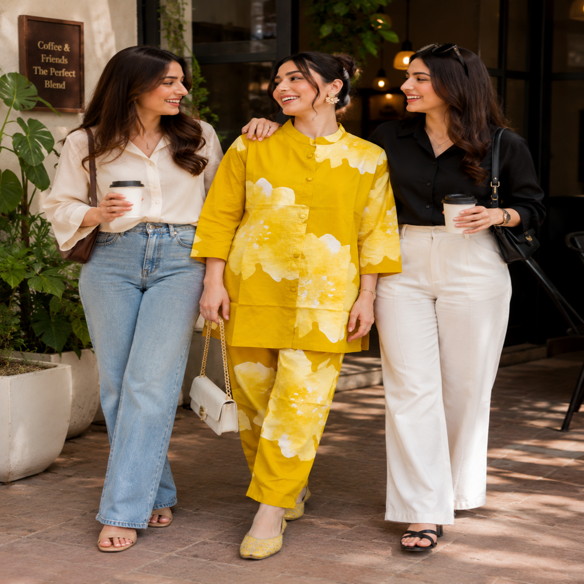 Mustard floral cotton co-ord set for women with button-down shirt and straight pants