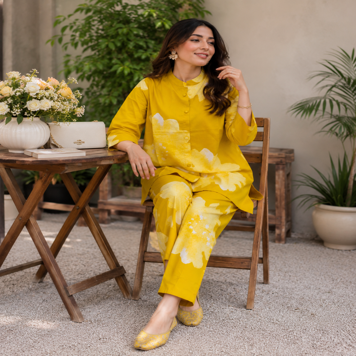 Mustard floral cotton co-ord set for women with button-down shirt and straight pants