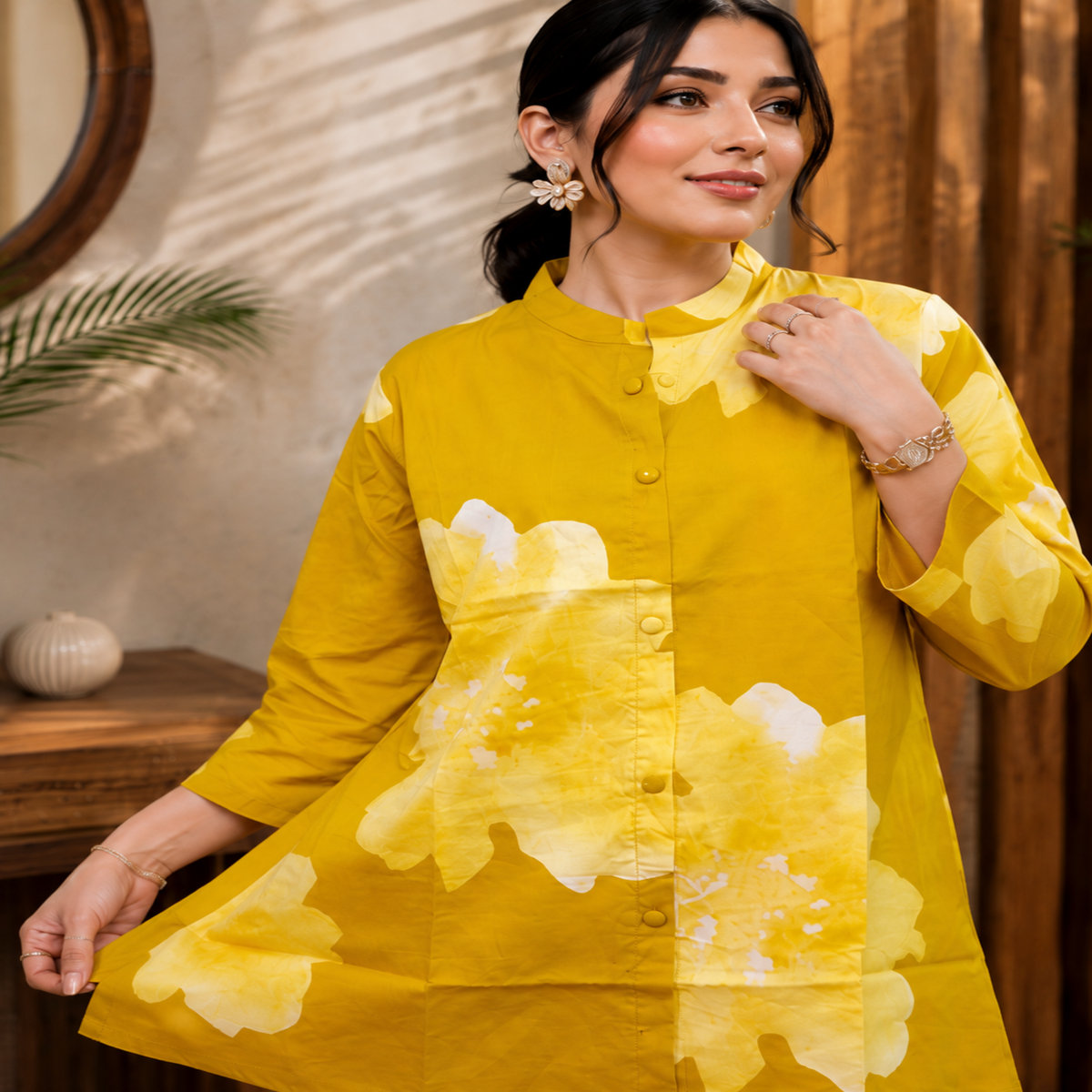 Mustard floral cotton co-ord set for women with button-down shirt and straight pants