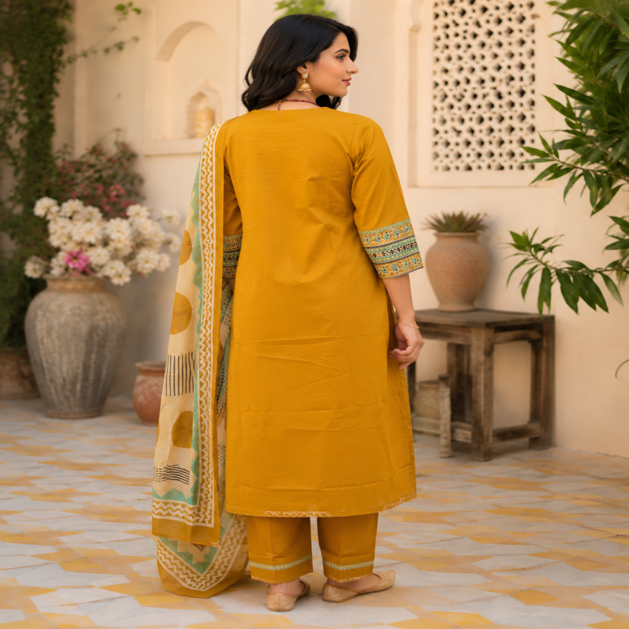 Mustard cotton printed dupatta suit for women with embroidered kurta, matching pants and Mal Mal dupatta