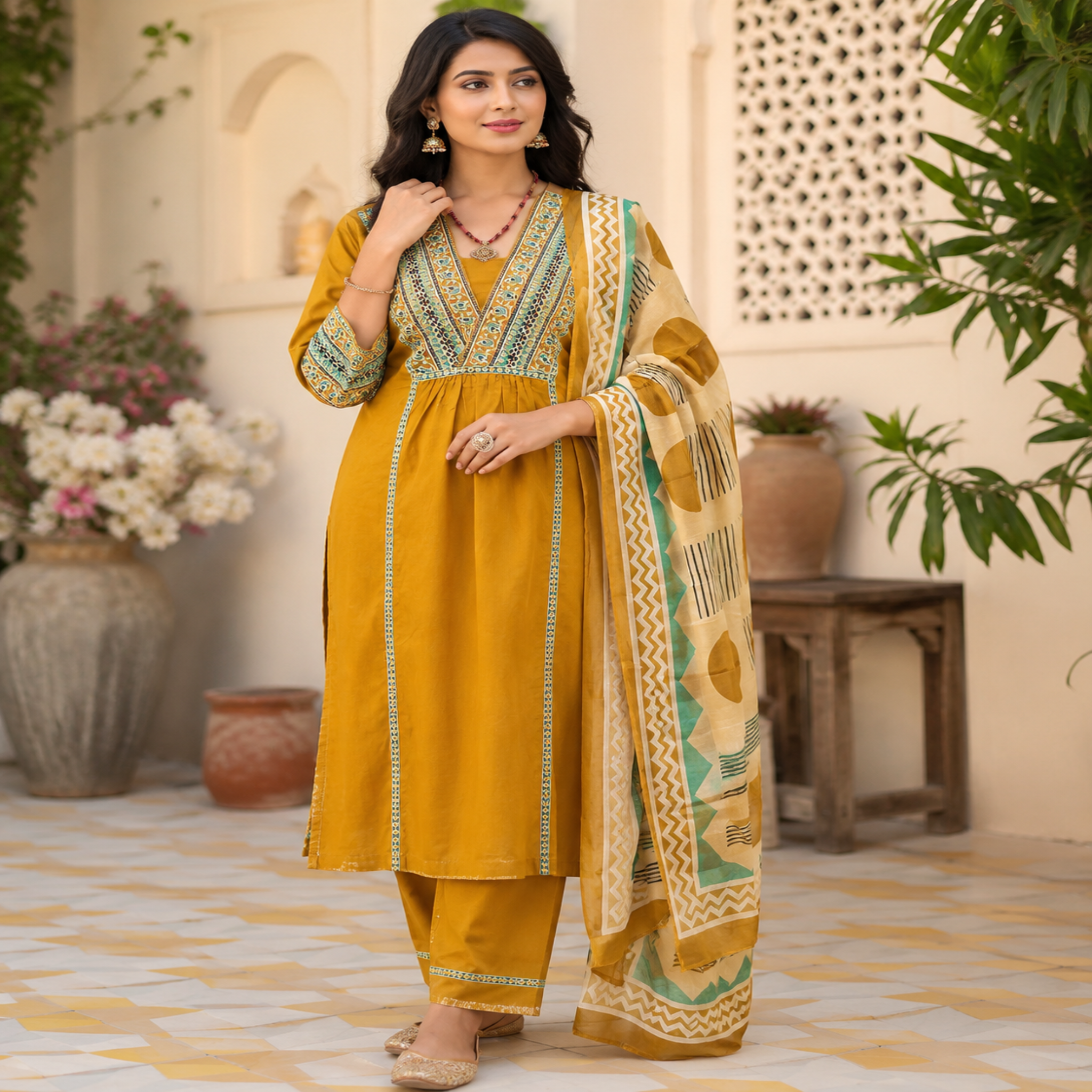 Mustard cotton printed dupatta suit for women with embroidered kurta, matching pants and Mal Mal dupatta