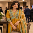 Mustard cotton printed dupatta suit for women with embroidered kurta, matching pants and Mal Mal dupatta