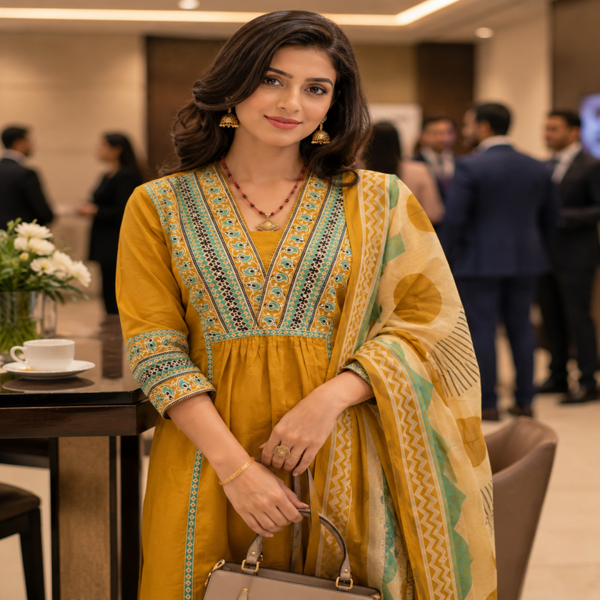 Mustard cotton printed dupatta suit for women with embroidered kurta, matching pants and Mal Mal dupatta