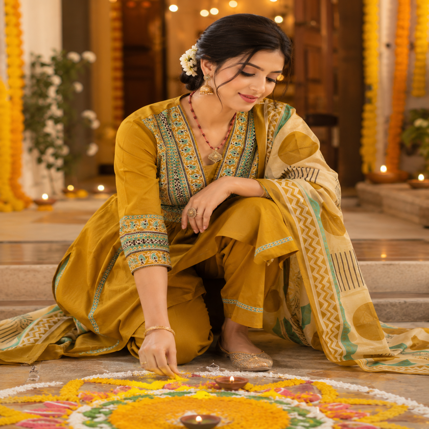 Mustard cotton printed dupatta suit for women with embroidered kurta, matching pants and Mal Mal dupatta