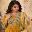 Mustard cotton printed dupatta suit for women with embroidered kurta, matching pants and Mal Mal dupatta