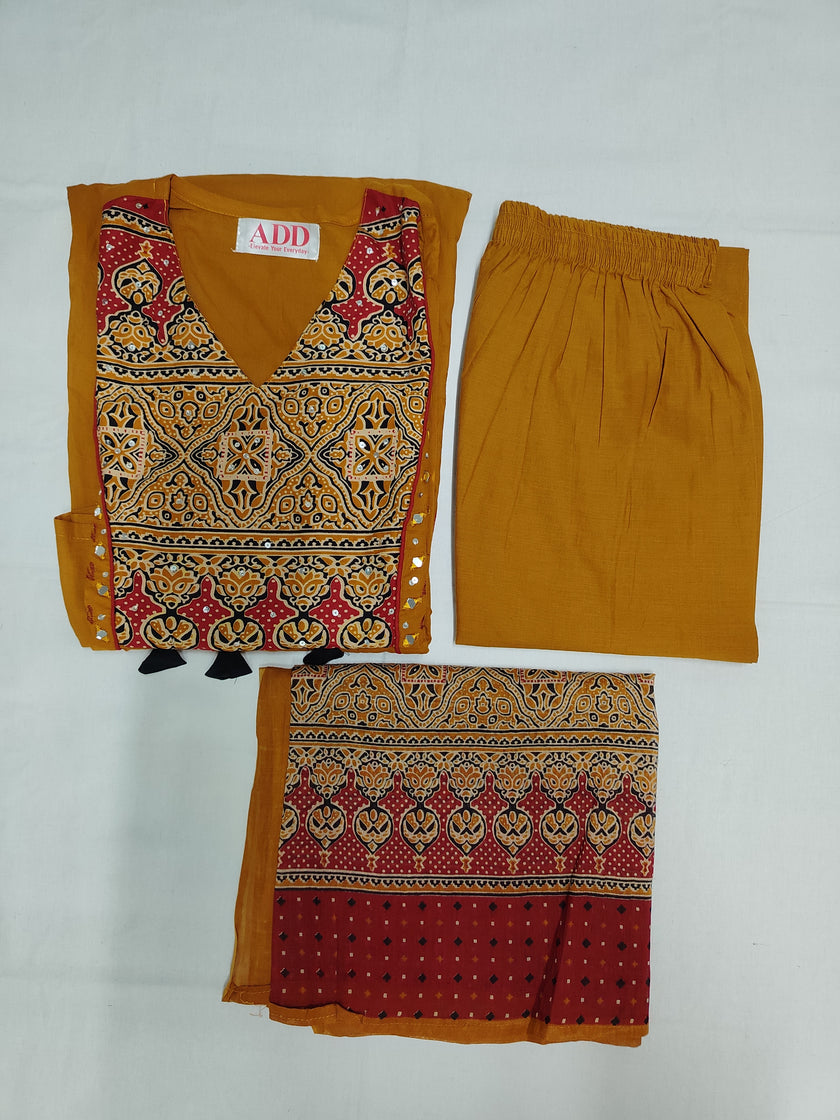 Mustard and Red Printed Flared Kurta Dupatta Suit