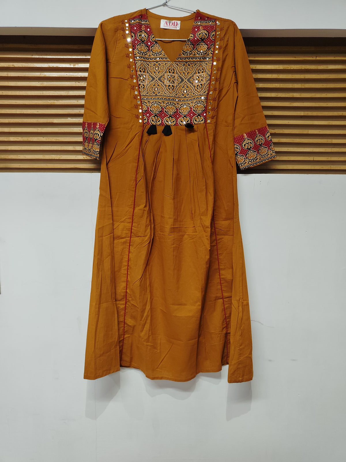 Mustard and Red Printed Flared Kurta Dupatta Suit