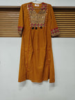 Mustard and Red Printed Flared Kurta Dupatta Suit