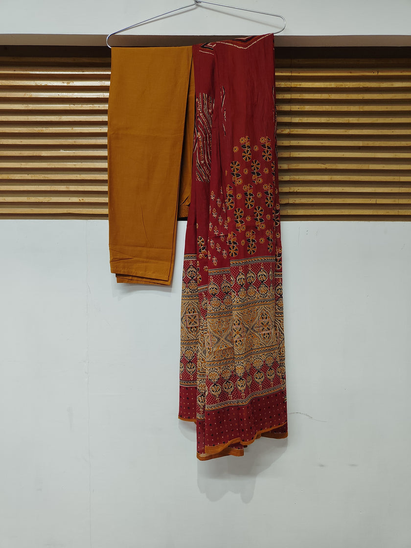 Mustard and Red Printed Flared Kurta Dupatta Suit