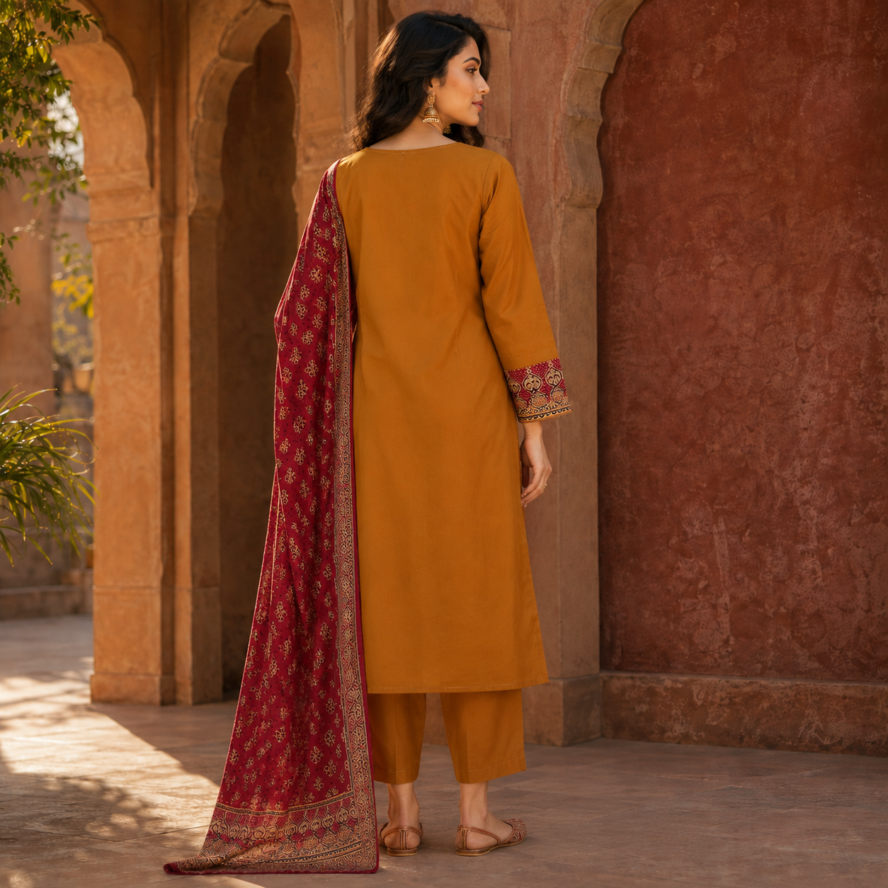 Mustard and Red Printed Flared Kurta Dupatta Suit