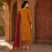 Mustard and Red Printed Flared Kurta Dupatta Suit