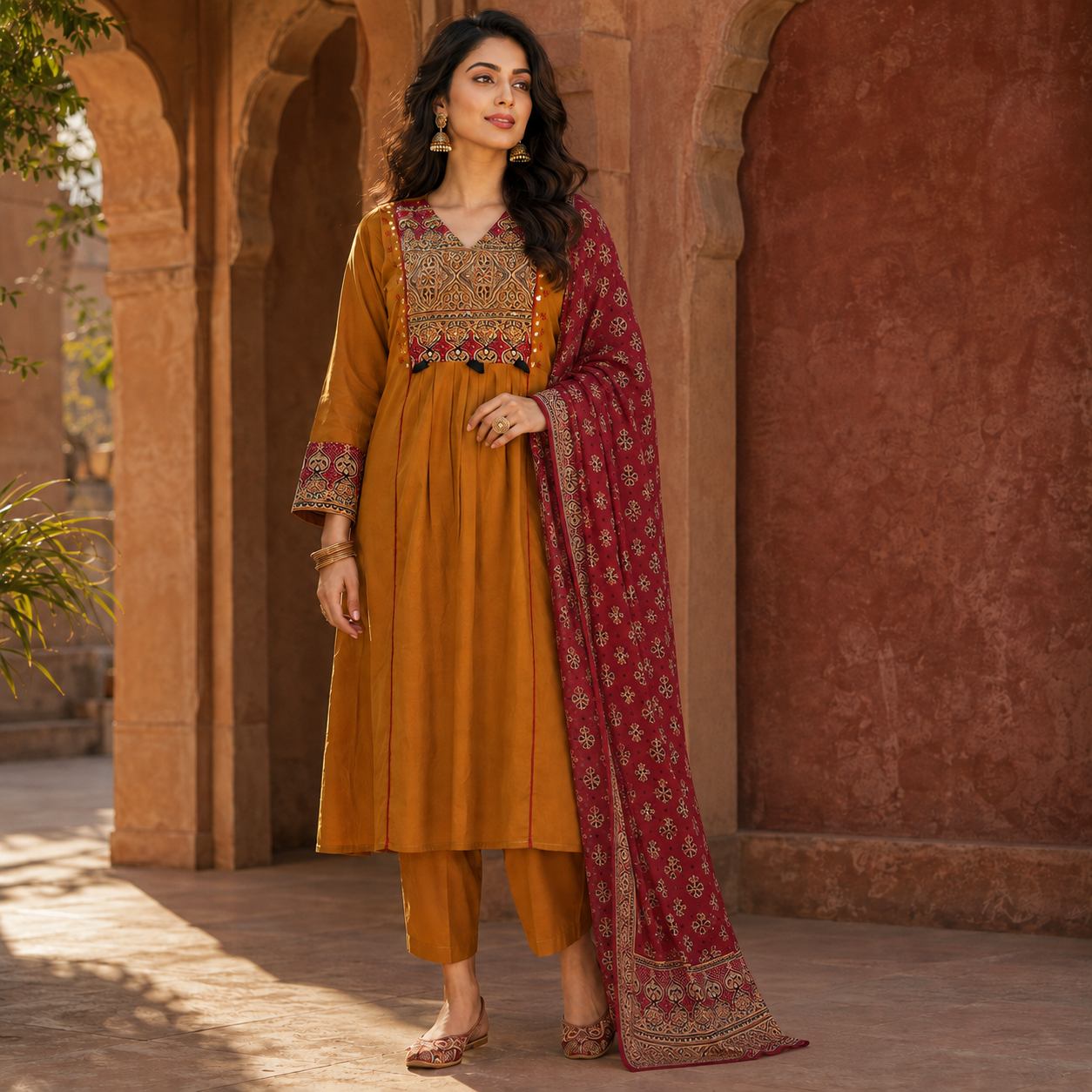 Mustard and Red Printed Flared Kurta Dupatta Suit