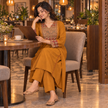 Mustard and Red Printed Flared Kurta Dupatta Suit