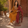 Mustard and Red Printed Flared Kurta Dupatta Suit