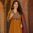 Mustard and Red Printed Flared Kurta Dupatta Suit