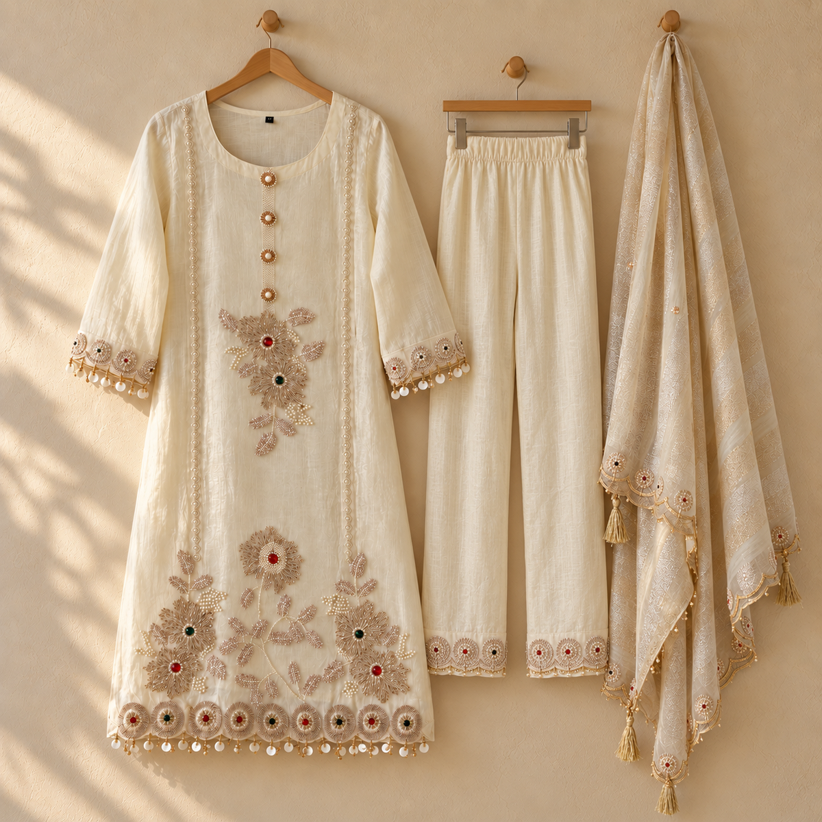 Ivory Pearl Handwork Tissue Dupatta Suit
