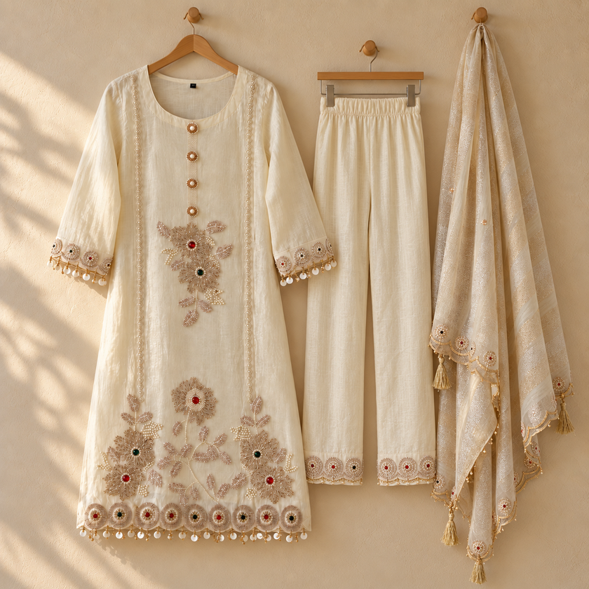Ivory Pearl Handwork Tissue Dupatta Suit
