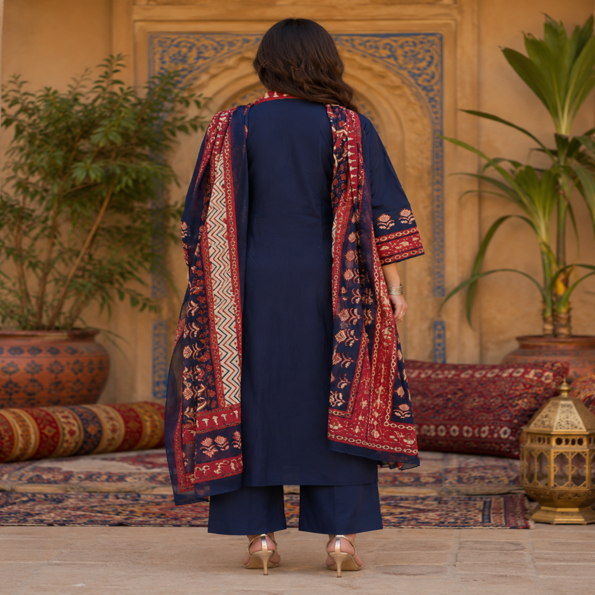 Navy blue cotton dupatta suit set for women with printed kurta and rust red dupatta
