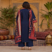 Navy blue cotton dupatta suit set for women with printed kurta and rust red dupatta