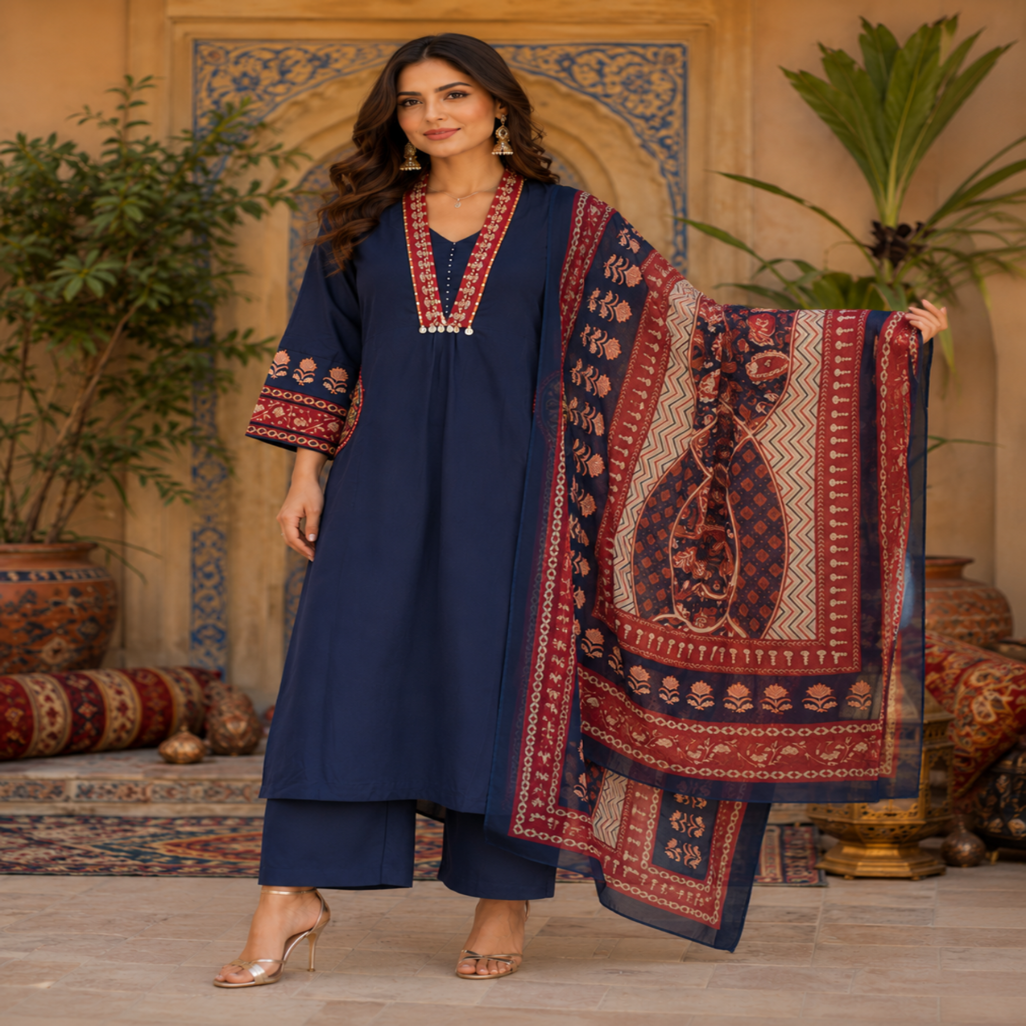 Navy blue cotton dupatta suit set for women with printed kurta and rust red dupatta