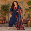 Navy blue cotton dupatta suit set for women with printed kurta and rust red dupatta