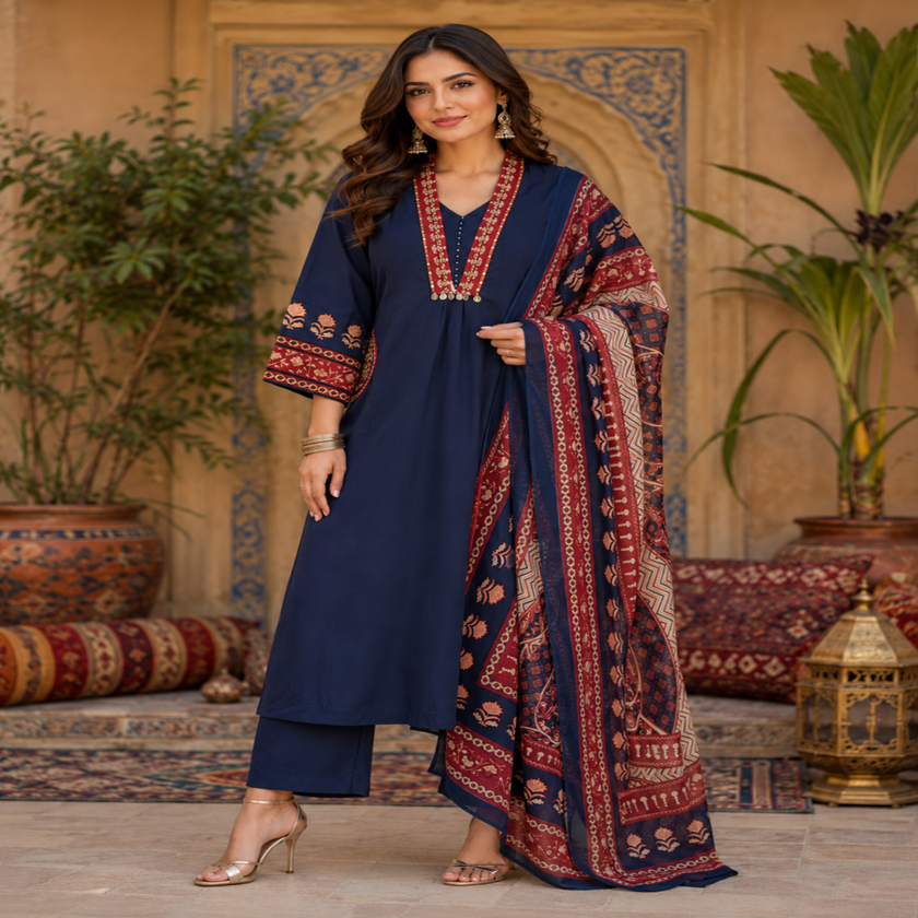 Navy blue cotton dupatta suit set for women with printed kurta and rust red dupatta