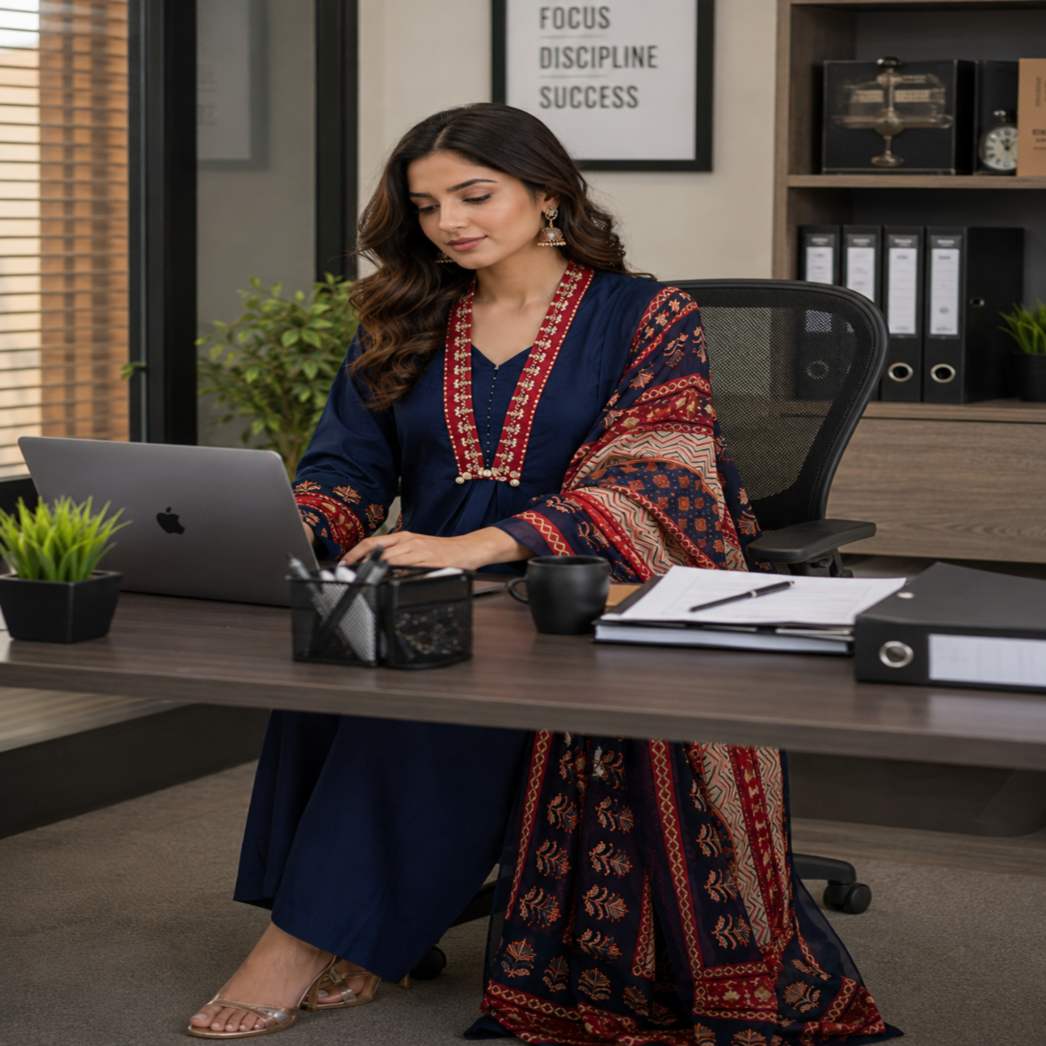 Navy blue cotton dupatta suit set for women with printed kurta and rust red dupatta