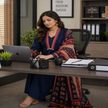 Navy blue cotton dupatta suit set for women with printed kurta and rust red dupatta